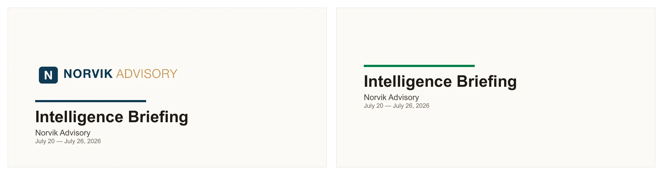 Two versions of the same weekly competitive report side by side: on the left the cover carries the consultant's logo and colours, on the right it carries none.